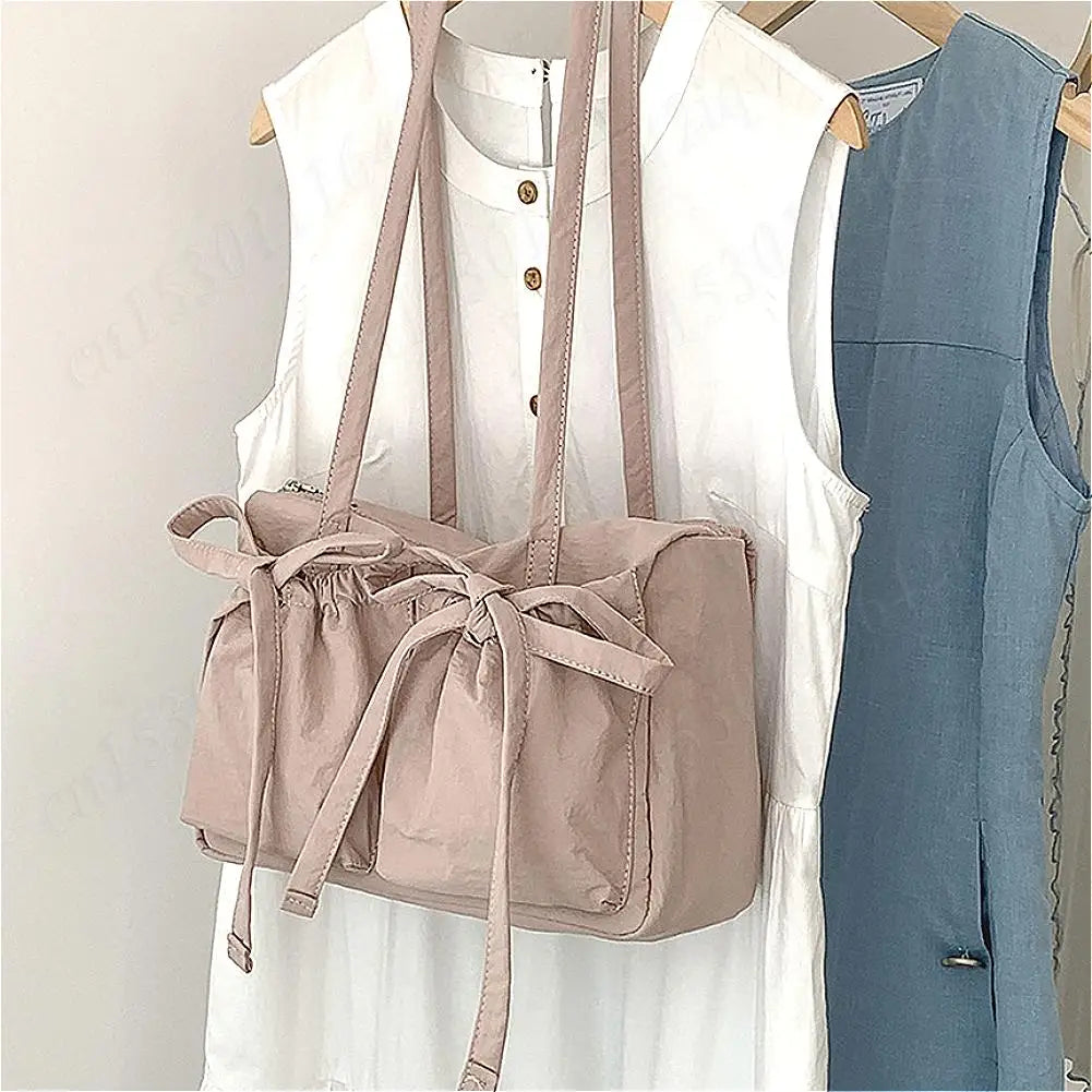 Women's Bags Bow Knot Pleated Nylon Shoulder Bag Fashion Sweet Pink Designer Lady Luxury Brand Tote Bag Spring Summer Armpit Bag