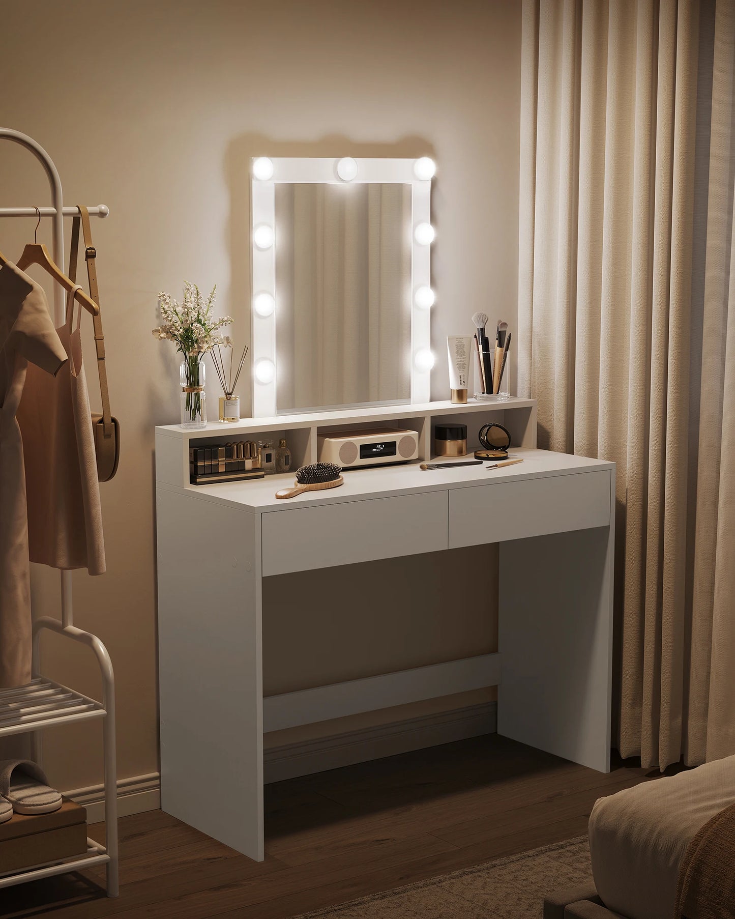 VASAGLE Dressing Table, LED Lights with Adjustable Brightness, Vanity Table with Mirror, 2 Drawers and 3 Compartments