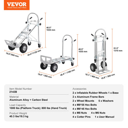 VEVOR Aluminum Folding Hand Truck Heavy Duty Industrial Collapsible Dolly Cart for Transport and Moving in Warehouse Supermarket