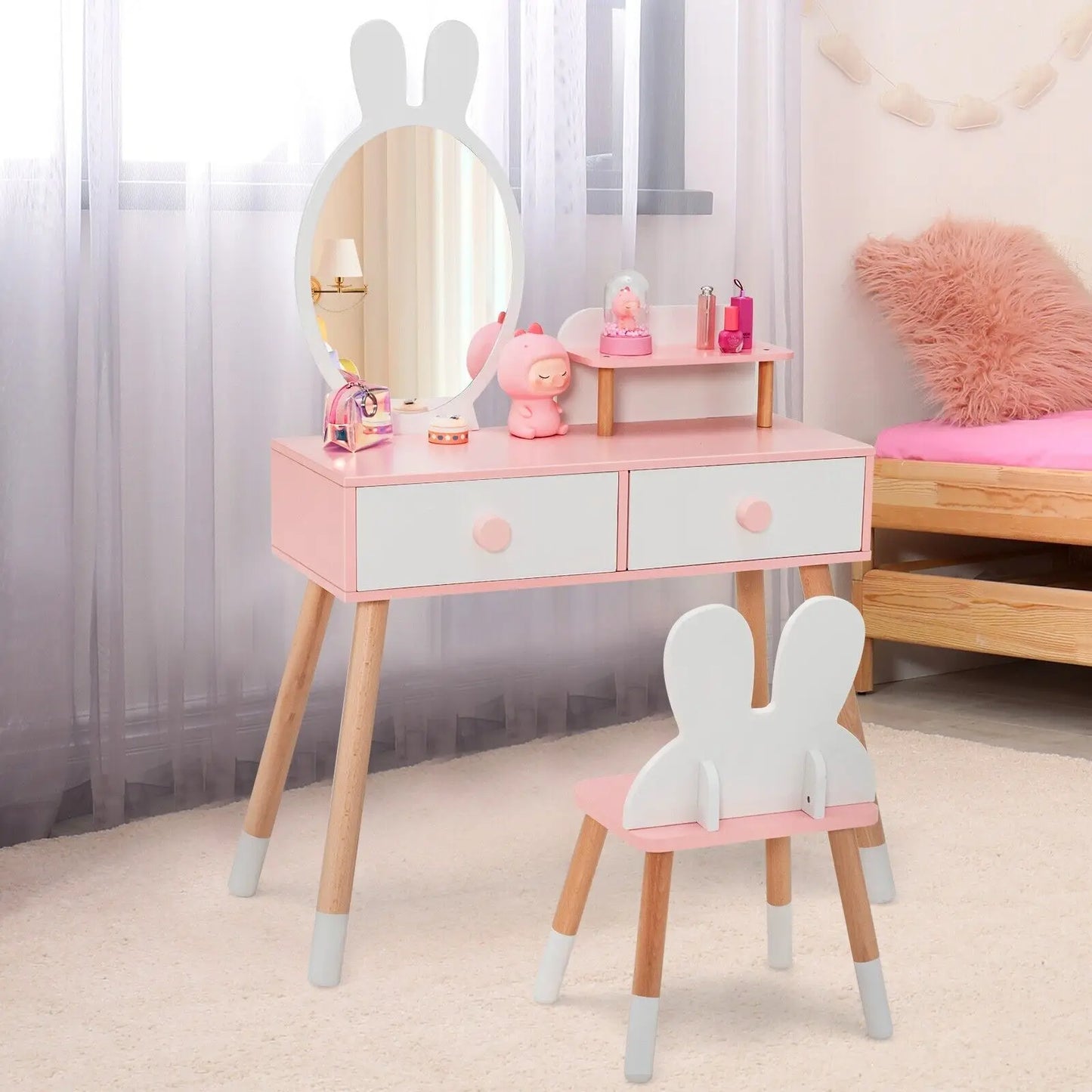 GOFLAME Vanity Set with Mirror, 2-in-1 Princess Makeup Dressing Table with Rabbit-ear-shaped Stool & Mirror