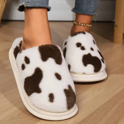 Pallene Cow milk Fuzzy Slippers Women Winter Cartoon Fur Slippers Soft Cozy Plush House Shoes Female Bedroom Cute Furry Slides