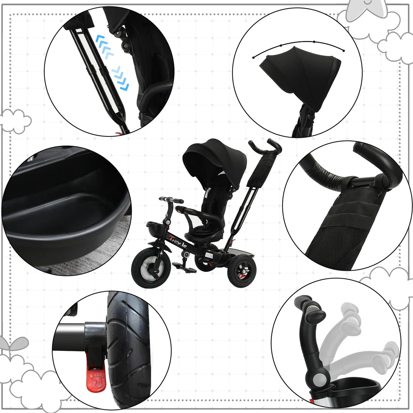 Ubravoo Baby Stroller Tricycle Ride Bike , 360 Degree Rotation Sitting & Lying,Celerity Disassembly & Assembly,1-5 Years