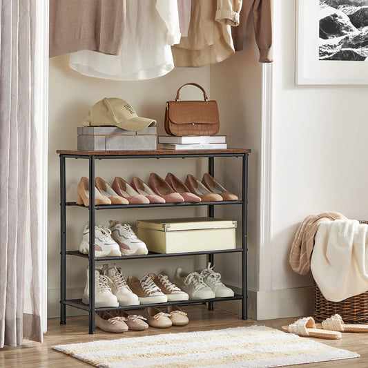 VASAGLE Shoe Rack 4 Tier, Narrow Shoe Storage Organiser, with 3 Fabric Shelves and Top for Bags, Steel Frame