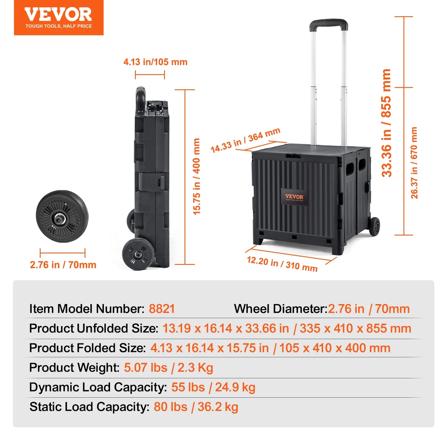 VEVOR Foldable Utility Shopping Cart Folding Portable Crate Handcart with Telescope Handle Wheels for Travel Office Garden Use