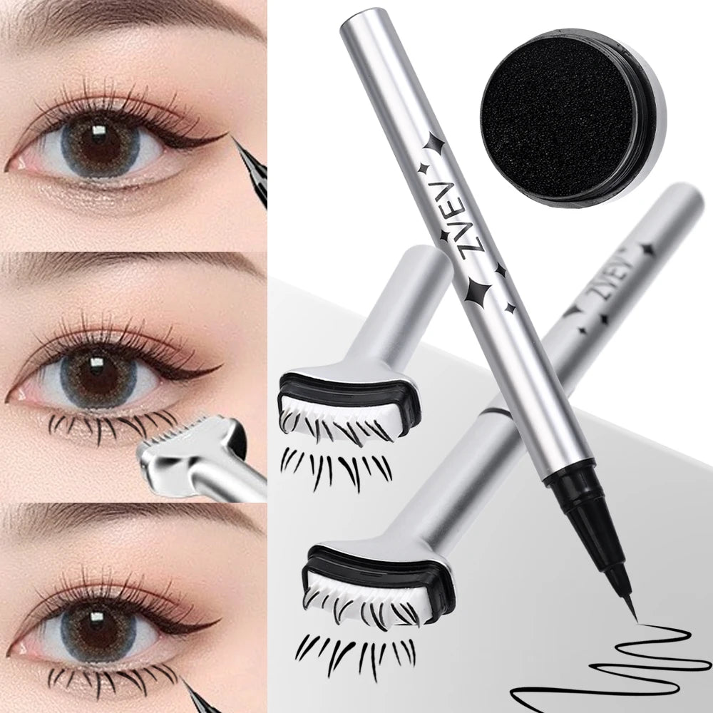 Reusable Eyelash Stamps Pen 2 in 1 Lower Eyelash Seal Tool Quick Dry Black Brown Liquid Eyeliner Pen Eyelash Simulation Makeup