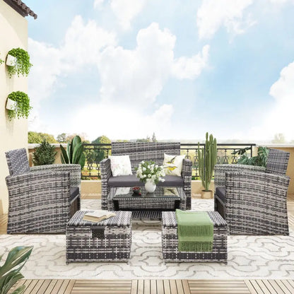 6 Pieces Garden Outdoor Patio Rattan Furniture Set, 6 Seater Sofa Set with Coffee Table & Footstools, Grey Rattan with Cushion