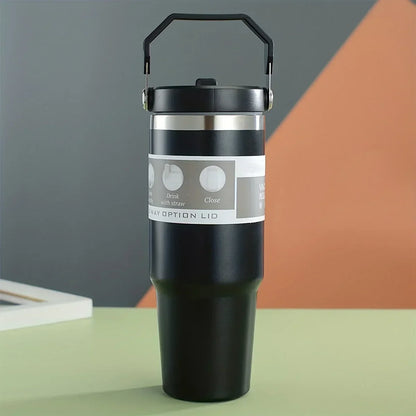 900ml Portable Car Cup Stainless Steel Thermos Cup with Straw Travel Sports Water Bottle With Handle Cover Coffee Vacuum Flask