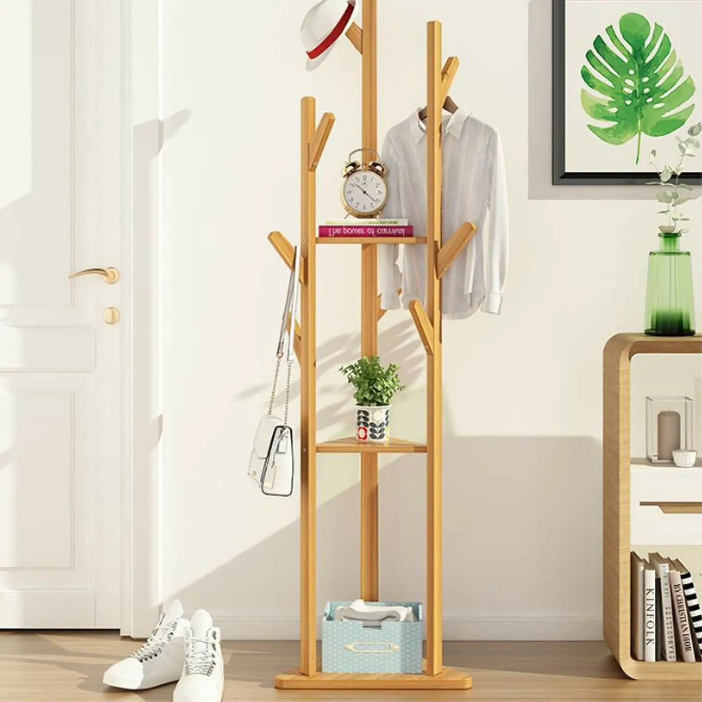 Wooden Coat and Hat Hanger Stand, Floor Standing, Clothes, Bags, Umbrella Rack, Tree Hanger, Bag Hook Holder, 10 Hooks