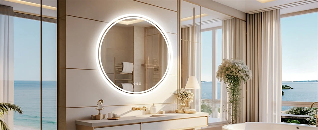 LED Bathroom Mirror Round 600/800mm Illuminated Dimmable Backlit Lighted Wall Vanity Mirror Anti-fog Smart Makeup Shaving Mirror