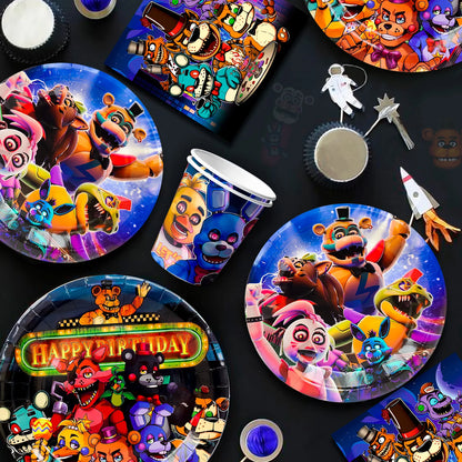 Fnaf Birthday Party Supplies,128pcs Five Nights at Freddy's Birthday Decorations&Tableware Set-Plates and Cups Tablecloth Banner