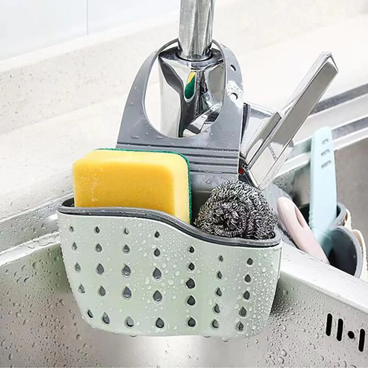 Sink Draining Hanging Basket Adjustable Kitchen Accessories Rubber Sink Bag Soap Sponge Shelf Faucet Holder for Bathroom 1PC