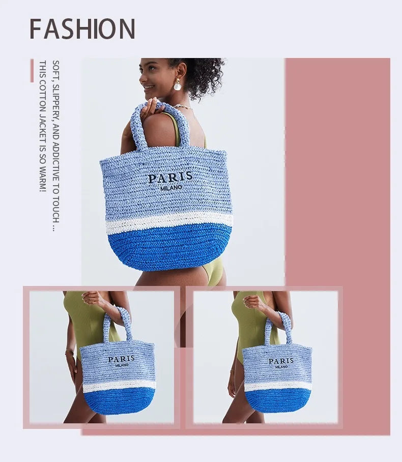 Women's Fashion Large Capacity Handmade Straw Knitting Tote Bag Summer Travel Beach Shoulder Bags Casual Simple Portable Handbag