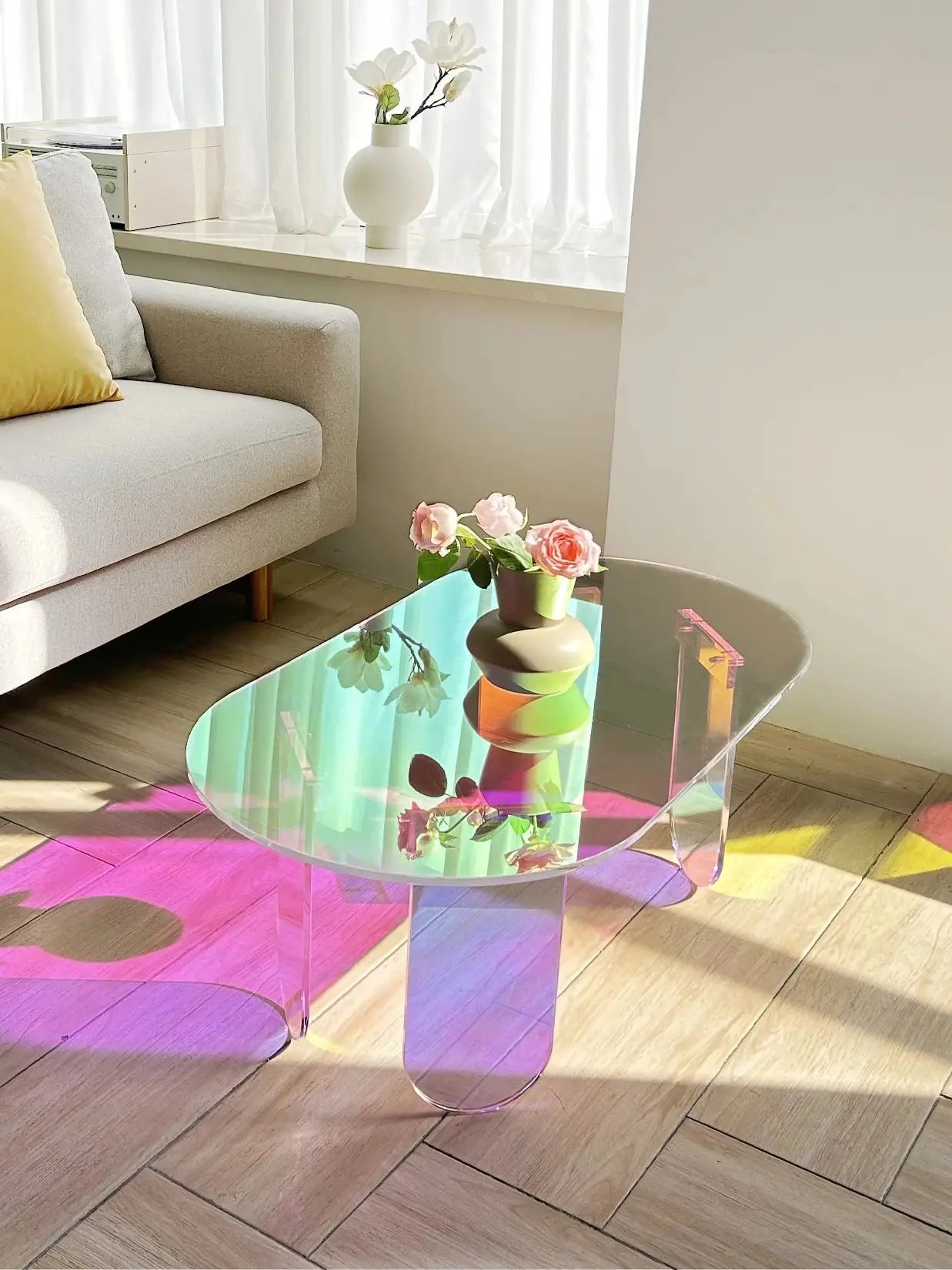 Shatterproof Acrylic Coffee Tables Side End Table for Living Room Office Iridescent Accent Side Table 4 Legs Home Decor