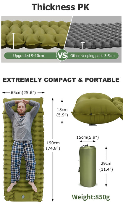 WESTTUNE Outdoor Camping Inflatable Mattress Thicken Sleeping Pad with Built-in Pillow & Pump Air Mat for Travel Hiking Climbing