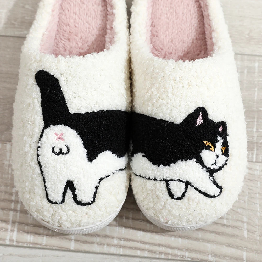 Plush Cow Cat Slippers Cute House Slippers Non-Slip Fluffy Pet Cat Slippers Comfortable Warm Couple Slippers for Bedroom Indoor