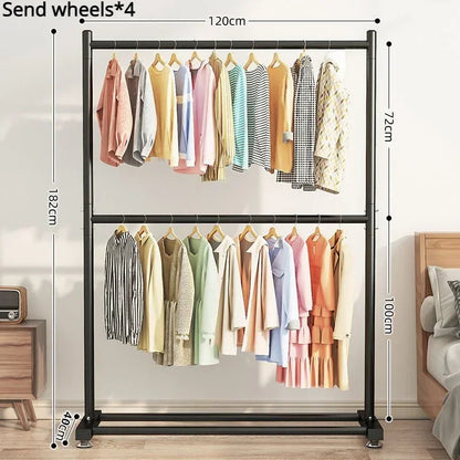 Simple Rolling Clothes Rack Double Layers Floor Standing Coat Hanger Stand Large Assembled Wardrobe Shoe Shelves Home Furniture