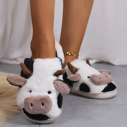 Pallene Cow milk Fuzzy Slippers Women Winter Cartoon Fur Slippers Soft Cozy Plush House Shoes Female Bedroom Cute Furry Slides