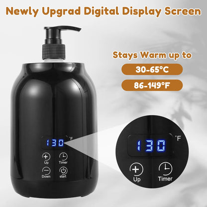 Massage Oil Warmer 30℃ to 65℃ Adjustable Lotion Bottle Warmer with 2 Oil Bottle Dispenser Smart Touch Key Electric Lotion Heater