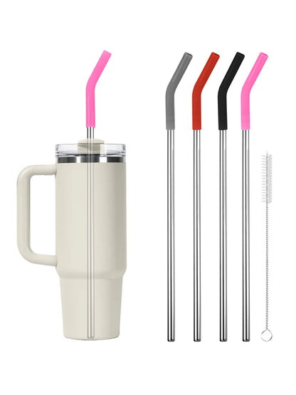 4Pcs Reusable Metal Straws with Silicone Tips Cleaning Brush Stainless Steel Straws Replacement with Cover for Stanley 40oz Cup