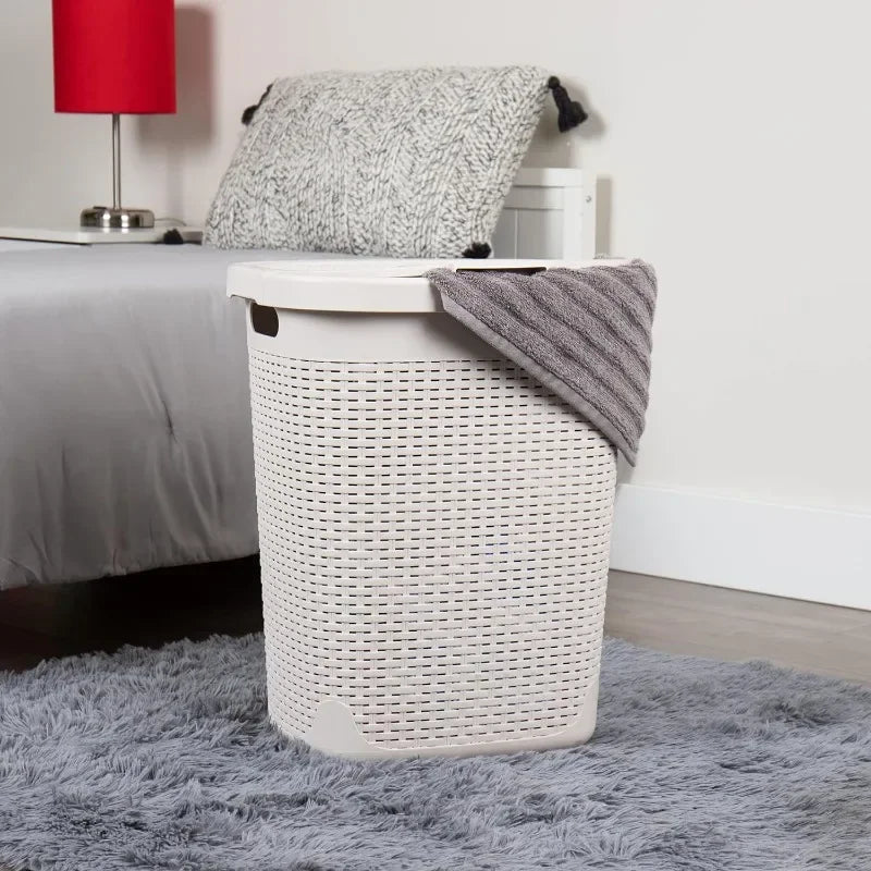 50L Slim Laundry Hamper, Clothes Basket, Lid, Wicker Design, Plastic, 17.65"L x 13.75"W x 21"H