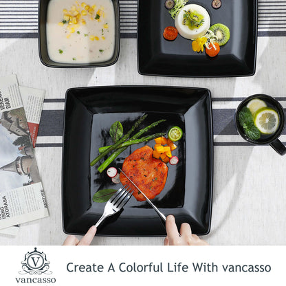 Vancasso SOHO 16/32/48-Piece Black Ceramic Porcelain Square Dinnerware Set with Dinner Plate,Dessert Plate,Bowl,240ml Mug Set