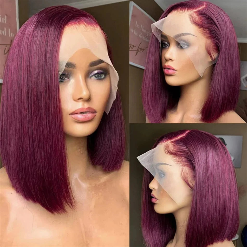 200% 13x6 Burgundy HD Transparent Short Bob Human Hair Wigs Color 99J Red Bone Straight Lace Front Wig For Women Pre Plucked