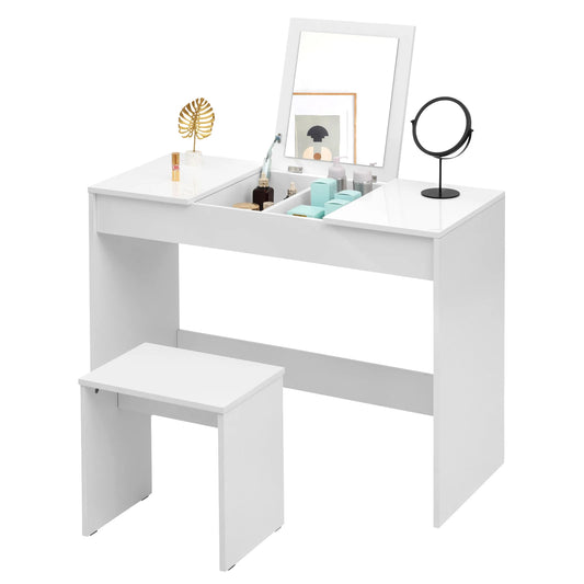 1SET White Dressing Table with Makeup Mirror Stool Vanity High Gloss Table Top Cosmetic Dresser Set for Gilrs Women Bedroom