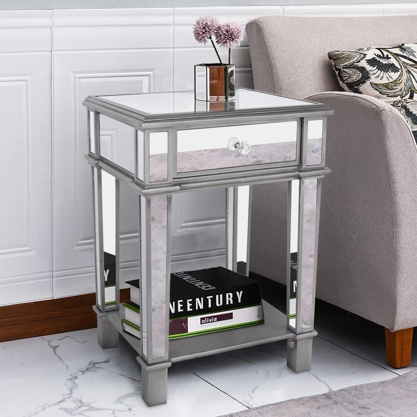 Silver Mirrored End Table for Living Room Bedroom, 2 Tier, Sofa Side, Bedside Cabinet, Nightstand Desk with Drawer