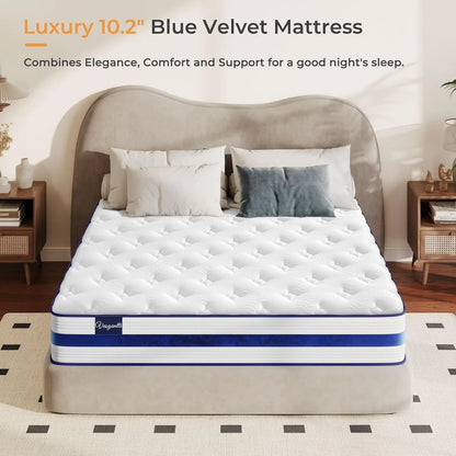 10.2 Inch Blue Velvet Pocket Sprung Mattress Cooling Memory Foam Top, Medium Firm Hybrid Mattress with Enhanced Edge Support