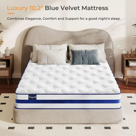 10.2 Inch Blue Velvet Pocket Sprung Mattress Cooling Memory Foam Top, Medium Firm Hybrid Mattress with Enhanced Edge Support