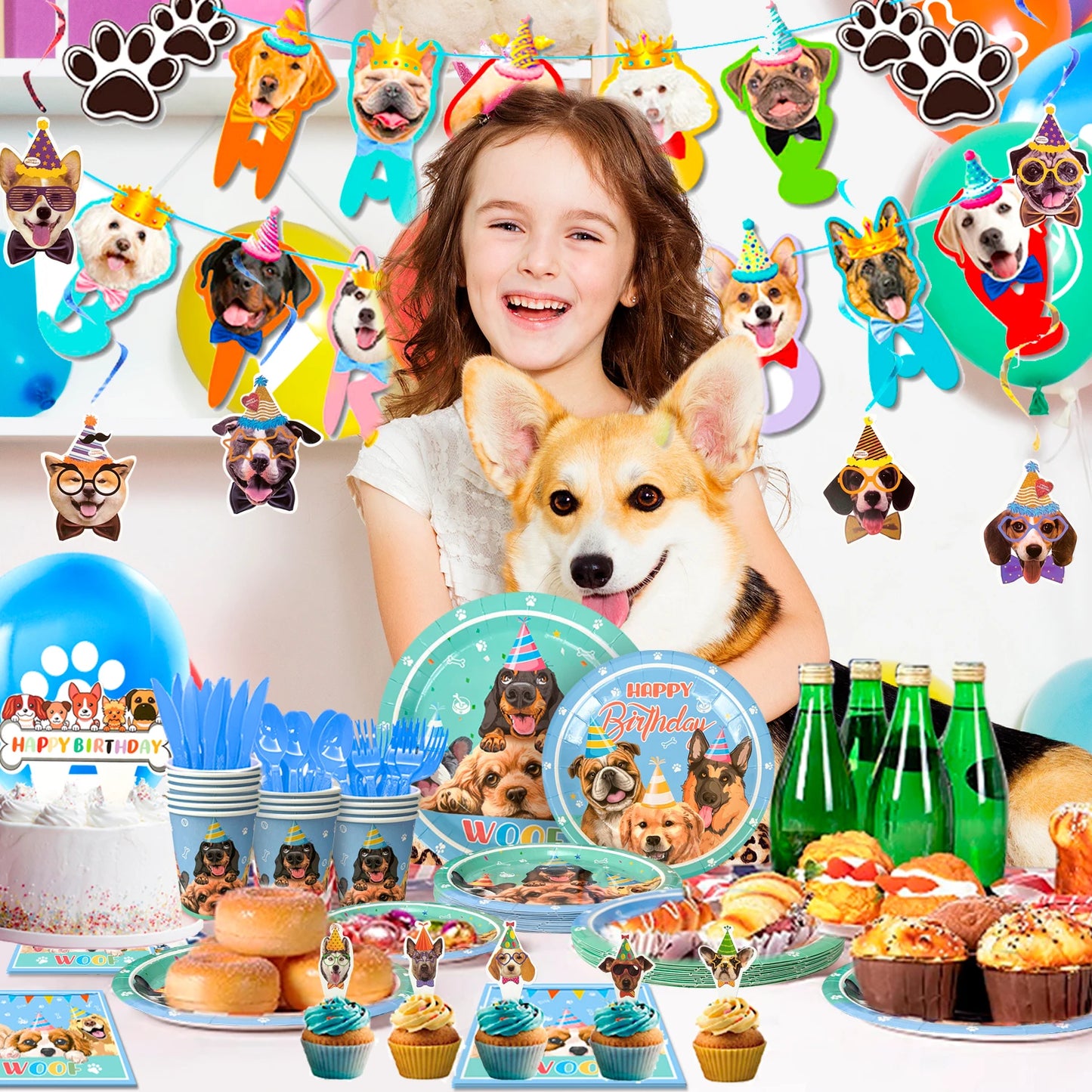 Puppy Birthday Party Supplies for Kids,159pcs Birthday Party Supplies&Tableware Set Dog Party Plates Cups Napkins Banner Balloon