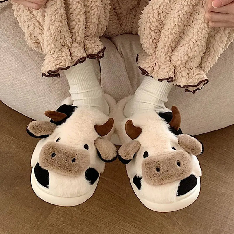 Pallene Women Winter Fur Fuzzy Slippers Cute Cartoon Cow Plush Slippers Indoor Warm Comfy House Slides Soft Casual Cotton Shoes