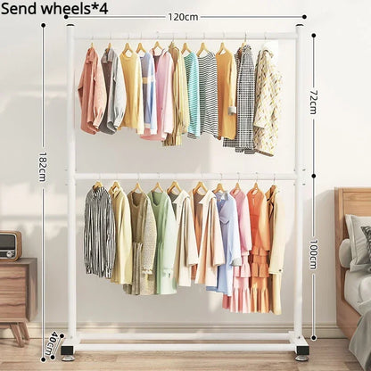 Simple Rolling Clothes Rack Double Layers Floor Standing Coat Hanger Stand Large Assembled Wardrobe Shoe Shelves Home Furniture