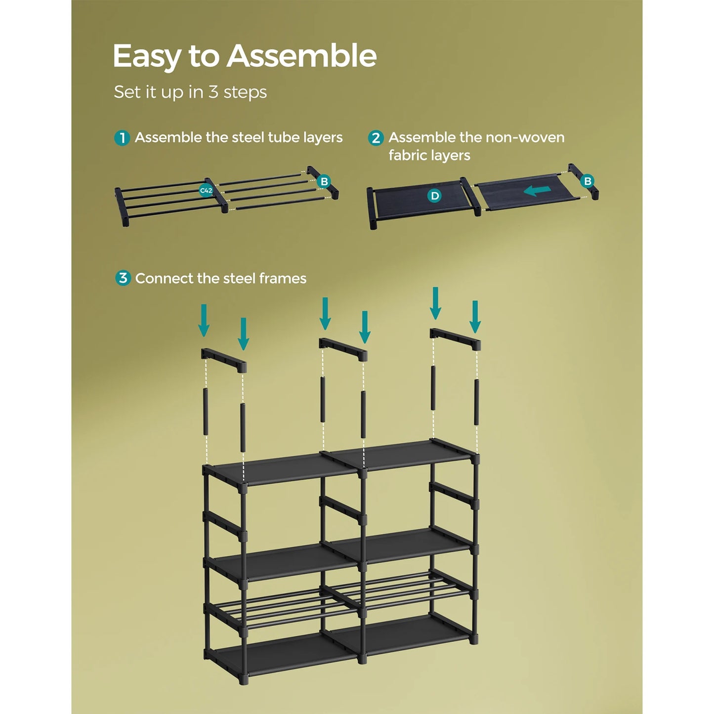 SONGMICS Adjustable Shoe Rack, 8-Tier Shoe Organiser, Shoe Storage Shelf, Steel Tubes and Non-Woven Fabric, Holds up to 32 Pairs