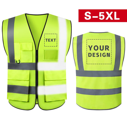 S-5XL Custom LOGO Safety Vest Reflective Vest with Pockets and Zipper High Visibility Construction Vest Workwear