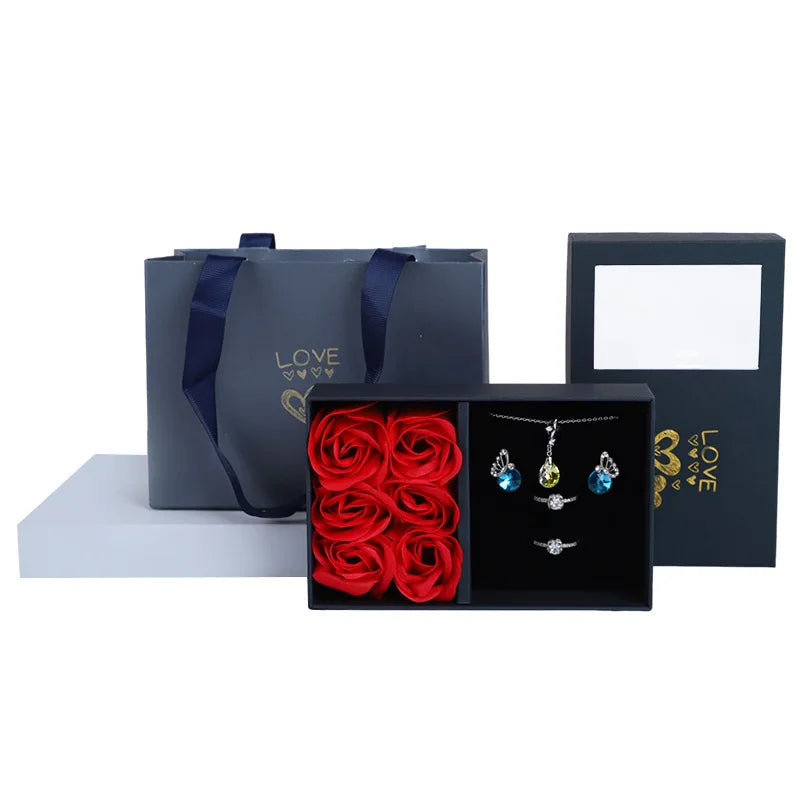 Window Opening Jewelry Box Romantic 6 Rose Pendants Ring Bracelet Valentine's Day Eternal Flower Jewelry Gift Packaging Box Bag