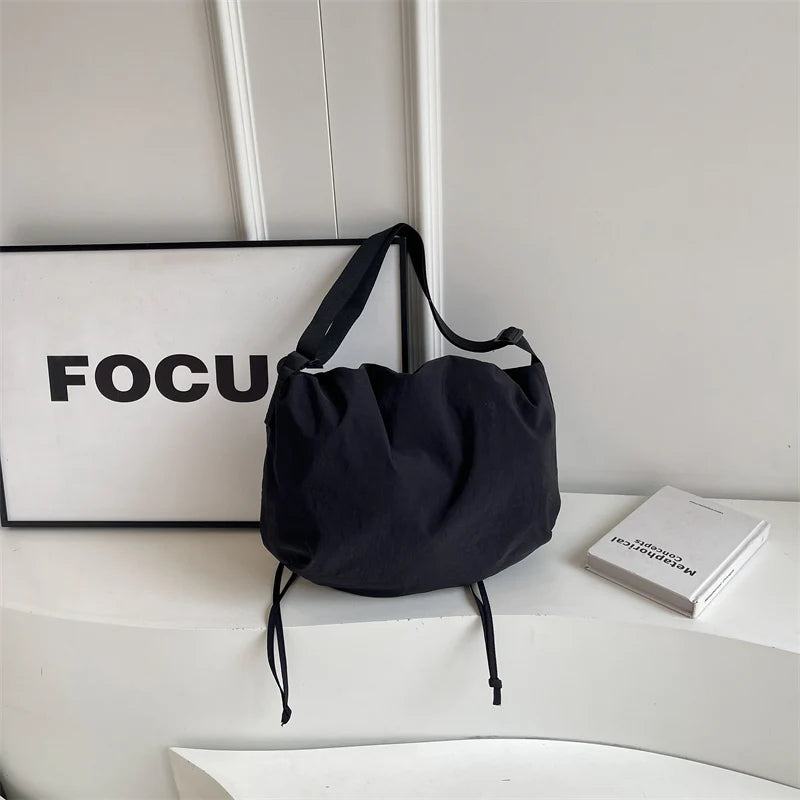 Women Drawstring Shoulder Bag Large Capacity Simple Crossbody Bag Solid Color Lightweight Shopping Bag Girls Outdoor Bag