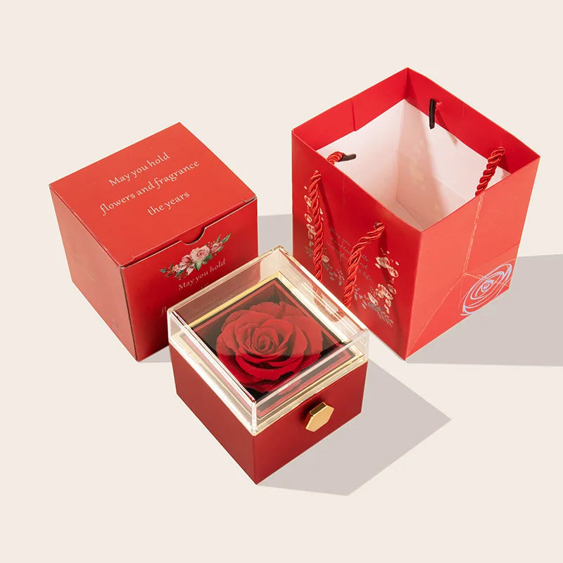 Rotating Jewelry Box with Engraved name Necklace Forever Flower Preserved Rose Box Mother's Day Birthday for Mom Wife Girlfriend