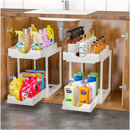 2 Tier Under Sink Organizer Sliding Cabinet Basket Organizer Drawer Under Sink  Rack with Hook Bathroom Kitchen Organizer Cosina