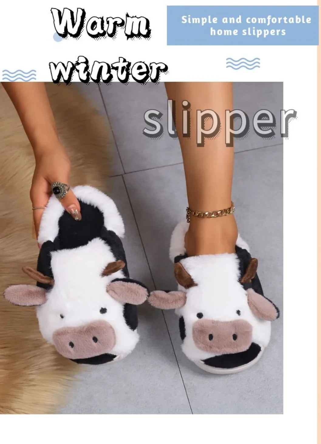 Pallene Cow milk Fuzzy Slippers Women Winter Cartoon Fur Slippers Soft Cozy Plush House Shoes Female Bedroom Cute Furry Slides