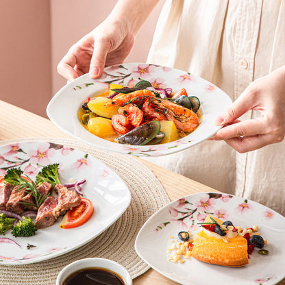 VEWEET 30/60-Piece White Ceramic Pink Floral Porcelain Plate Set with 5PCSDinner Soup Dessert Plate ,Cups Saucers for 12 Person