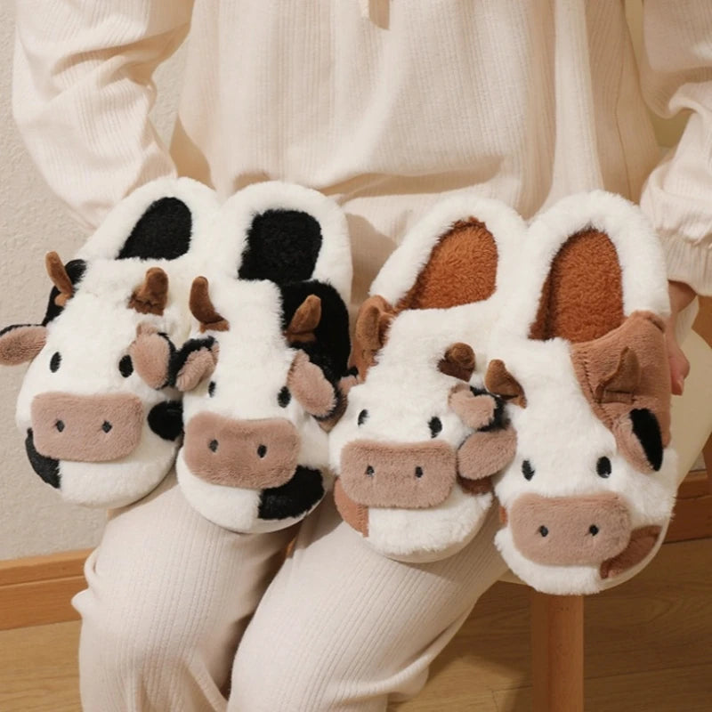 2024 Winter Warm Milk Cow Women Slippers Men Cute Soft Plush Sandals Adults Lovely Non-slip Flip Flops Couples Home Flat Slides