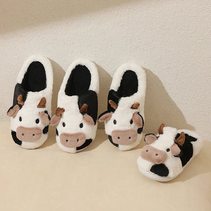 New Winter Unisex Cartoon Cow Warm Plush Slippers Couple's Indoor Non-slip House Slides Men And Women Toe Wrap Home Cotton Shoes