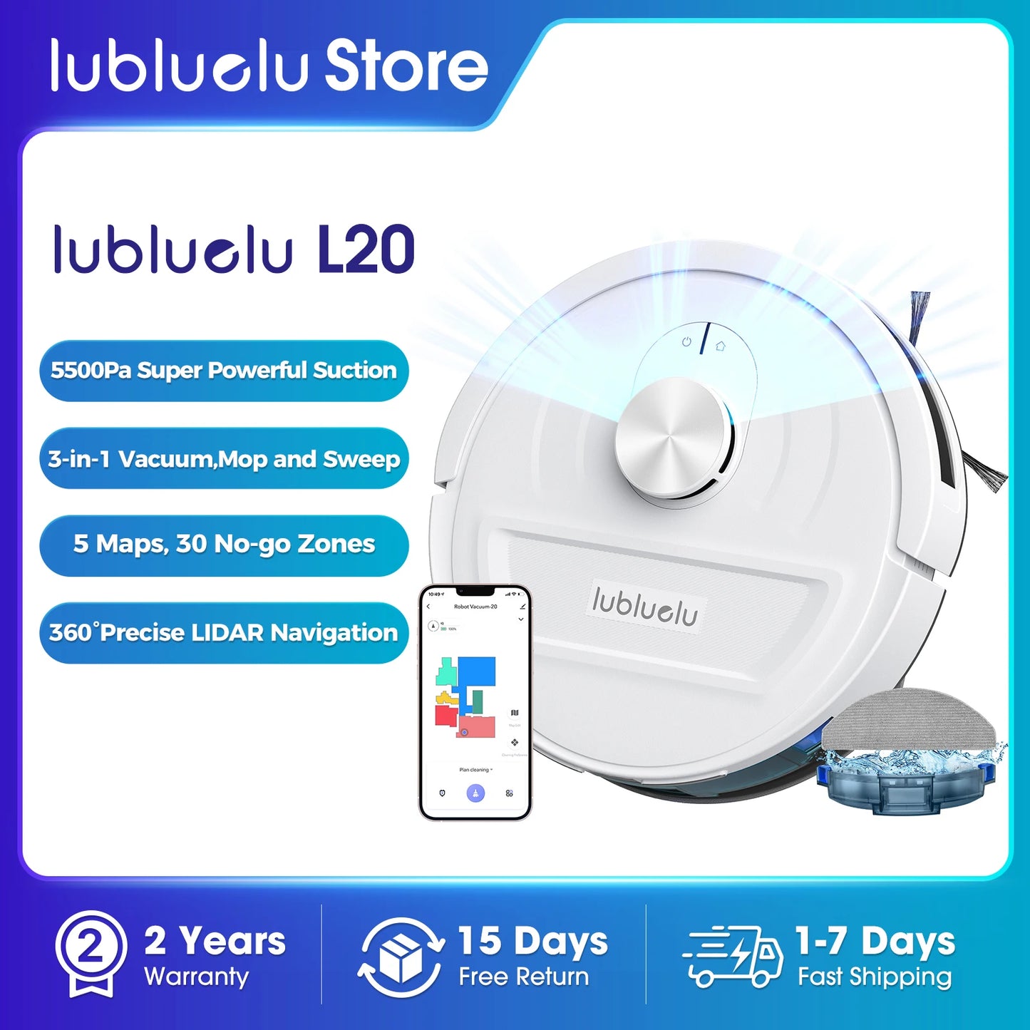 5500Pa Robot Vacuum and Mop, 3 in 1 Robotic Vacuum Cleaner, Lubluelu L20 Smart Mapping, 30 No-go Zones, WiFi/App/Alexa