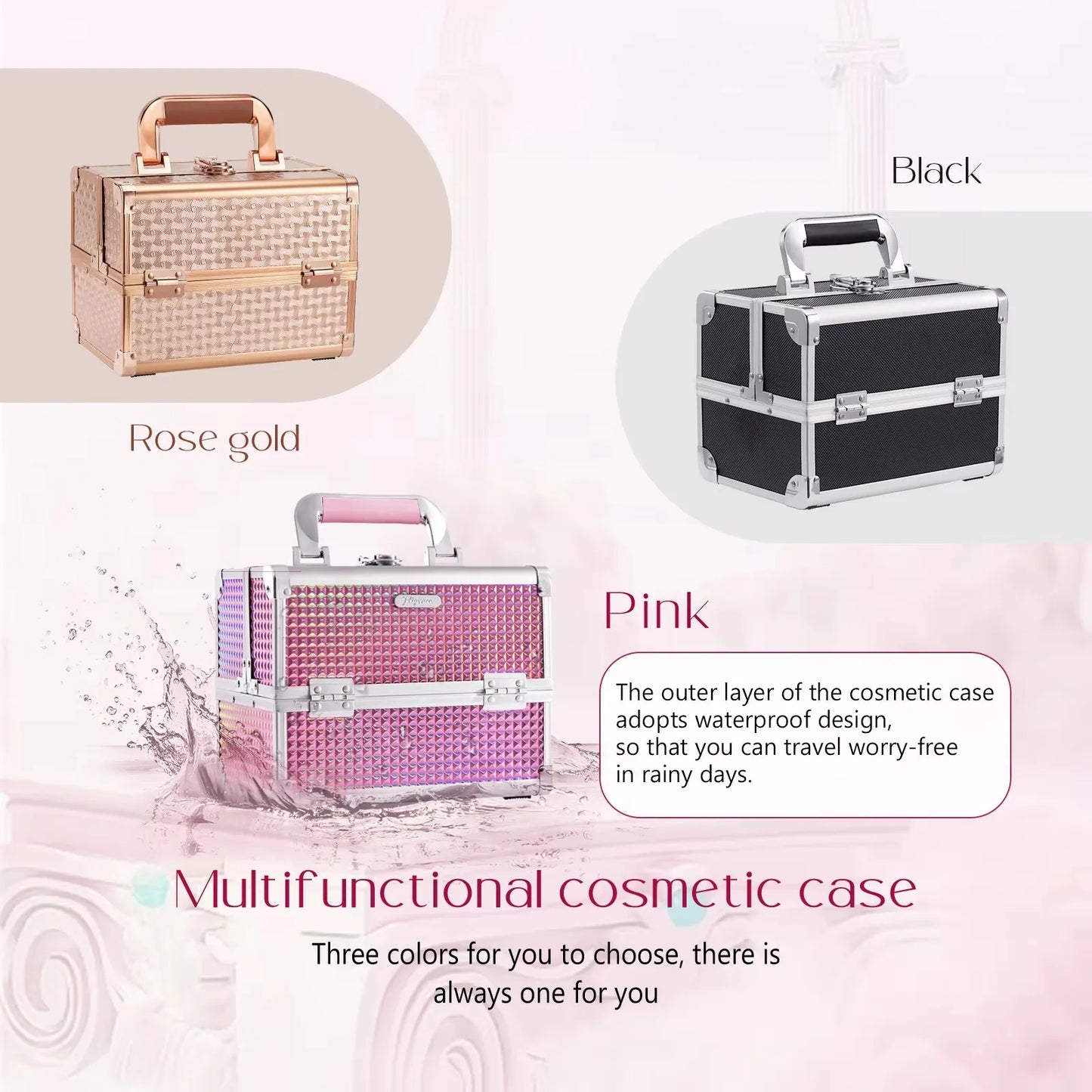 Portable Makeup Case with Mirror 2 Trays Lock Alloy Make-up Suitcase Travel Cosmetic Jewelry Nails Storage Box for Manicure Tech