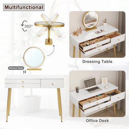 1SET Vanity Dressing Table Cosmetic Make up Table with Lighting Adjustable LED Mirror Light 3 Drawers Velvet Stool for Bedroom