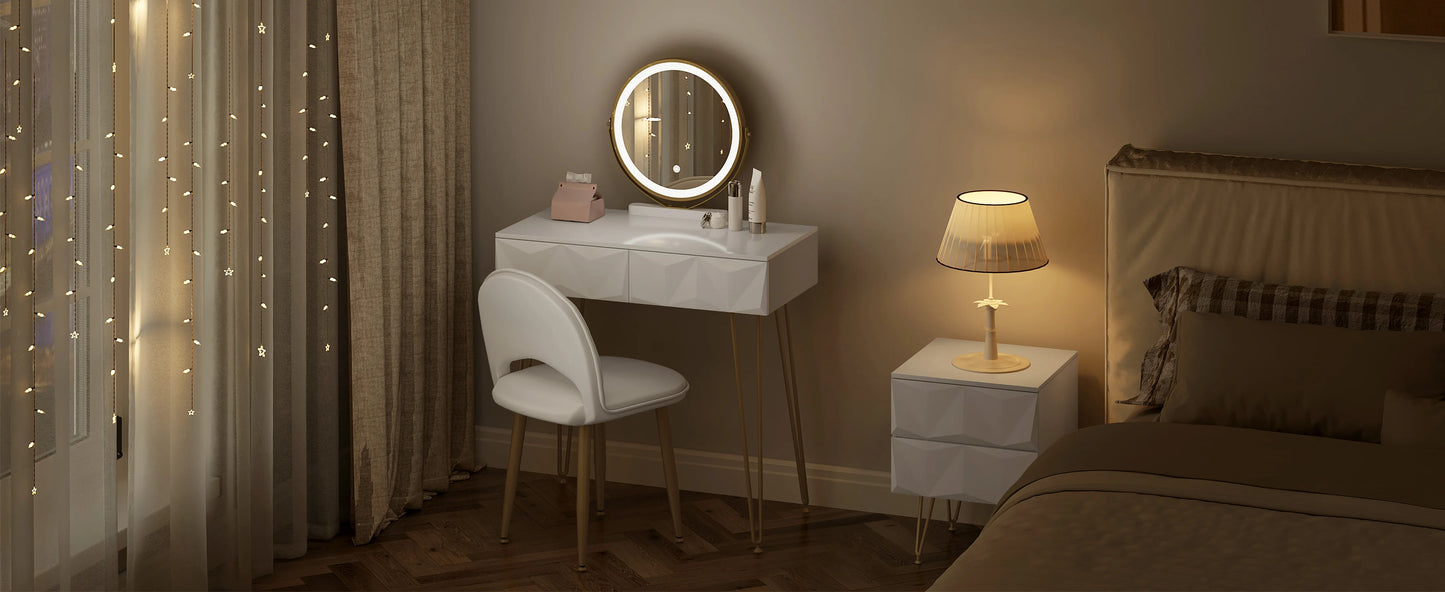 Dressing Table Vanity Cosmetic Table dresser with LED Light in 3 Light Colours  Velvet Chair 2 Drawers 360° Rotating Mirror