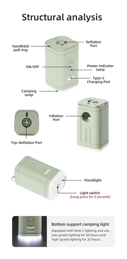 3 in 1 Electric Air Pump with Lights Mini Wireless Air Compressor USB Charging Inflator/Deflator Pumps for Outdoor Camping