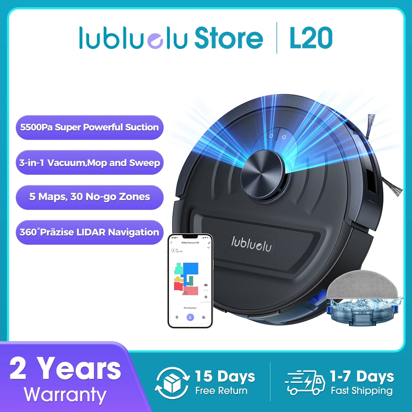 5500Pa Robot Vacuum and Mop, 3 in 1 Robotic Vacuum Cleaner, Lubluelu L20 Smart Mapping, 30 No-go Zones, for Carpet Pet Hair