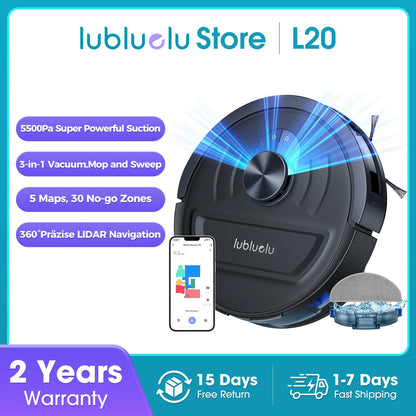 5500Pa Robot Vacuum and Mop, 3 in 1 Robotic Vacuum Cleaner, Lubluelu L20 Smart Mapping, 30 No-go Zones, for Carpet Pet Hair